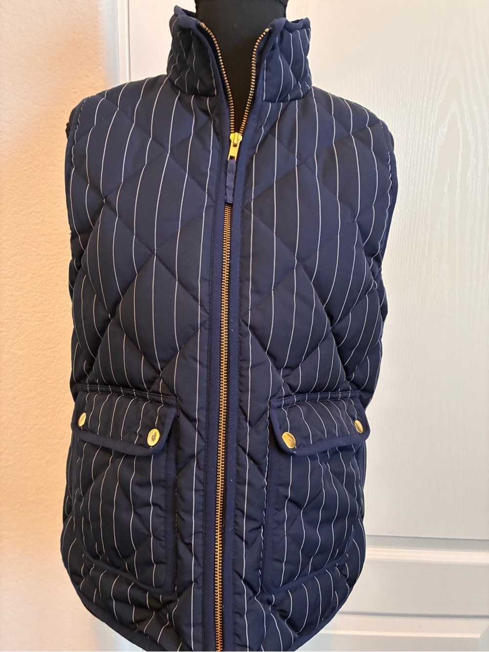 J. Crew Navy Quilted Vest with White Pinstripes